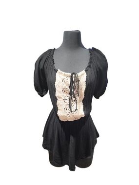 Black Peasant Blouse with Cream Lace Panel